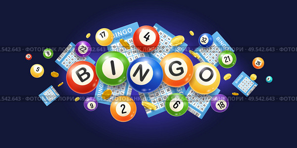 Realistic bingo composition with images of numeric lottery balls with tickets and golden money coins vector illustration. Стоковая иллюстрация, агентство Ingram Publishing / Фотобанк Лори