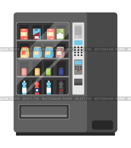 Realistic black vending machine with steel body and electronic control panel isolated on white background. Equipment for buying snacks and drinks. Apparatus with food inside vector illustration. Realistic black vending machine with steel body and electronic control panel on white background. Стоковая иллюстрация, агентство Ingram Publishing / Фотобанк Лори