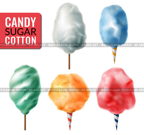 Realistic candy sugar cotton set with isolated images of colourful confectionery candyfloss sticks on blank background vector illustration. Стоковая иллюстрация, агентство Ingram Publishing / Фотобанк Лори