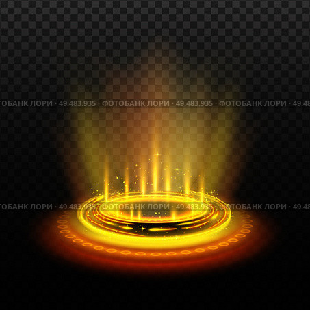 Realistic circular magic portal with yellow light streams and sparkles on dark transparent background vector illustration. Стоковая иллюстрация, агентство Ingram Publishing / Фотобанк Лори