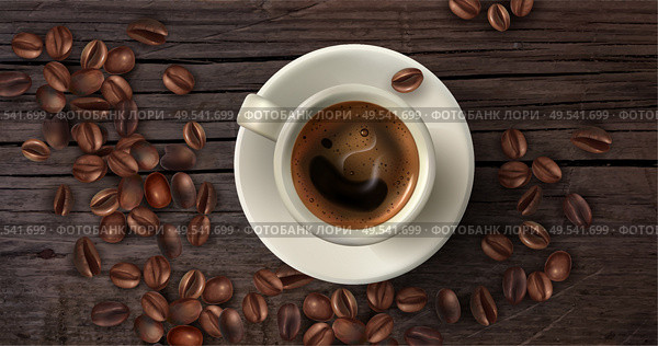 Realistic coffee background with cup of coffee in flatlay style and beans around vector illustration. Стоковая иллюстрация, агентство Ingram Publishing / Фотобанк Лори