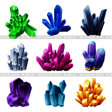 Realistic crystal minerals set of different forms gold blue purple and green colors isolated on white background vector illustration. Realistic Crystal Minerals On White Background. Стоковая иллюстрация, агентство Ingram Publishing / Фотобанк Лори