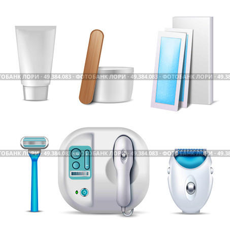 Realistic depilation set of various hair removal methods isolated on white background vector illustration. Depilation Realistic Set. Стоковая иллюстрация, агентство Ingram Publishing / Фотобанк Лори