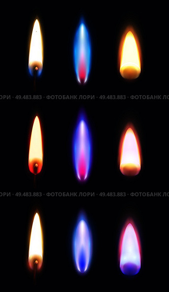 Realistic flames of various shape and color of matches lighters and candles dark background isolated vector illustration. Стоковая иллюстрация, агентство Ingram Publishing / Фотобанк Лори