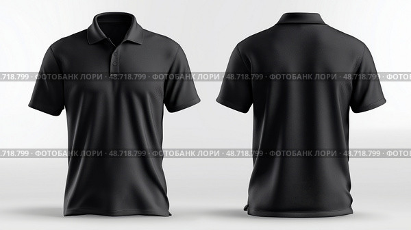 Realistic Front & Back Mockup of Men’s Black Polo Shirt – Flat Lay on White Background for Branding and Design Presentation. Реалистичный макет мужской черной рубашки-поло спереди и сзади - плоский макет на белом фоне для брендинга и презентации дизайна. Стоковое AI-изображение, AI-художник Katsiaryna Repich / Фотобанк Лори