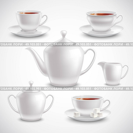 Realistic Tea Set. Realistic tea set with filled teacups saucers pot and sugar bowl on white background vector illustration. Стоковая иллюстрация, агентство Ingram Publishing / Фотобанк Лори