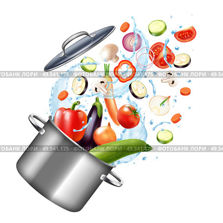 Realistic water splash pot composition with blank background and image of cooker with vegetables and drops vector illustration. Стоковая иллюстрация, агентство Ingram Publishing / Фотобанк Лори