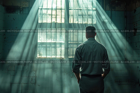 Rear view of a male in gray clothing, facing away from the camera, standing inside a jail cell with light shining through. ,    Generative AI. Стоковое AI-изображение, AI-художник Анна Кривицкая / Фотобанк Лори