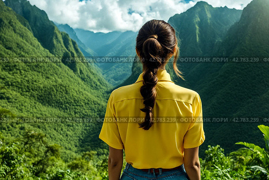 Rear view of lady enjoy at landscape Adam's peak mountain at tropical journey Sri Lanka, Ella, posing. From behind of adult woman in yellow jacket at landmark nature background. Copy ad text space. Стоковое AI-изображение, AI-художник Aleksandr Golubev / Фотобанк Лори