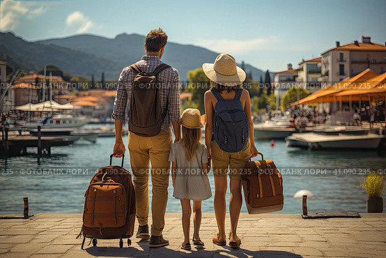 Rear view of travelers with backpack and suitcases walking in a city after arrival on family vacation. Стоковое AI-изображение, AI-художник Ирина Михайличенко / Фотобанк Лори