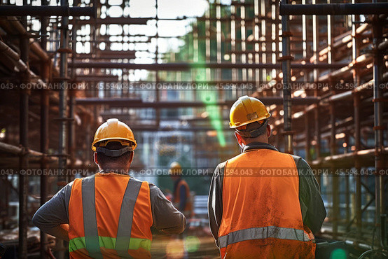 Rear view of workers, wearing helmets and protective west, on a construction site. Стоковое AI-изображение, AI-художник Михаил Строгалев / Фотобанк Лори
