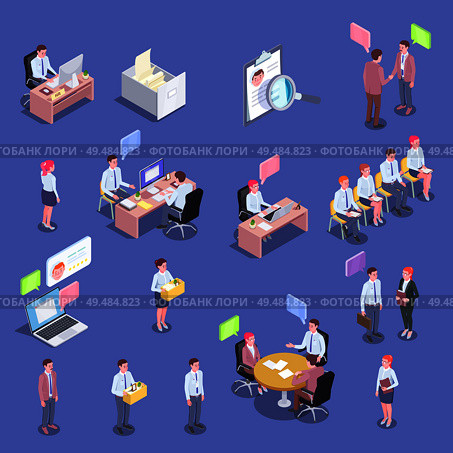 Recruitment isometric people collection of isolated human characters of job applicants and interviewers with thought bubbles vector illustration. Стоковая иллюстрация, агентство Ingram Publishing / Фотобанк Лори