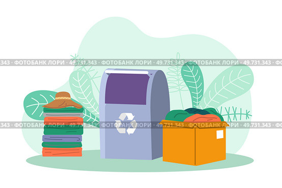 Recycling clothes. Vector illustration. Pollution caused by textile industry requires urgent attention and social action Embracing circular cycle clothing production and recycling is essential. Recycling clothes. Reusing clothes helps reduce textile waste and conserves resources. Стоковая иллюстрация, агентство Ingram Publishing / Фотобанк Лори