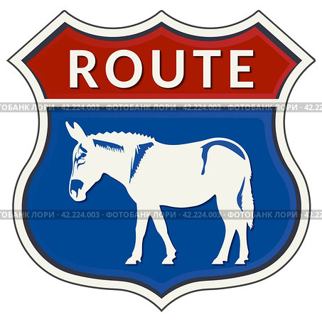 Red blue American road sign in the form of a shield. Inscription, route and white silhouette of a donkey. Icon, sticker or badge. Стоковая иллюстрация, иллюстратор GAlexS / Фотобанк Лори