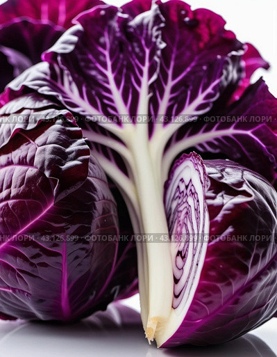 Red cabbage is a vegetable crop with red-violet leaf color and a common food product. Vegetable is used for fresh consumption in salads, for pickling, cultivated cabbage species. Generated AI. Стоковое AI-изображение, AI-художник Юлия Петровская / Фотобанк Лори