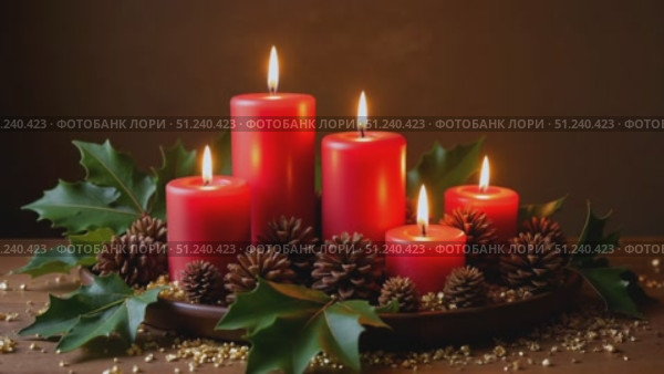 Red candles with pinecones and holly leaves for holiday decoration. Стоковое AI-видео, аниматор KATERINA AI / Фотобанк Лори