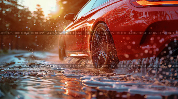 Red Car Driving Through Puddle of Water. Стоковое AI-изображение, AI-художник Юлия Гапеенко / Фотобанк Лори