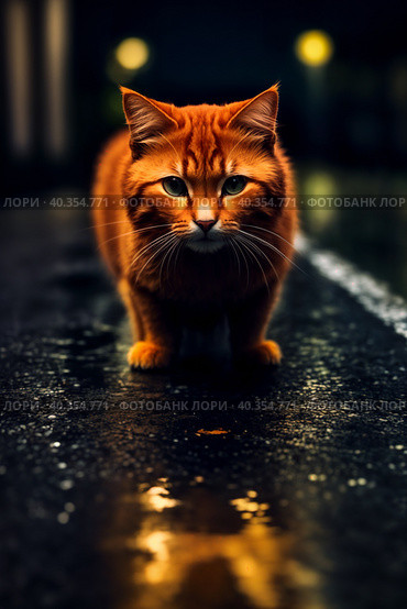 Red cat stands on wet asphalt after rain at night. Generative AI. Стоковое AI-изображение, AI-художник Mixail59 / Фотобанк Лори