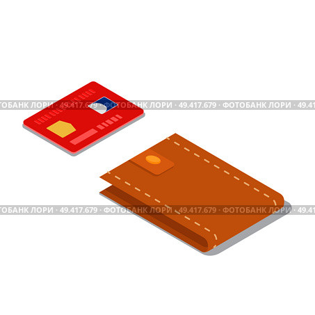 Red credit card and brown leather wallet isometric projection vectors isolated on white background. Modern purses 3d illustration for electronic payments and money in cash concepts. Стоковая иллюстрация, агентство Ingram Publishing / Фотобанк Лори