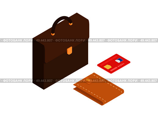 Red credit card, leather wallet and brown business briefcase isometric projection vectors isolated on white background. Businessman accessories 3d illustrations for business and financial concepts. Credit Card, Wallet and Briefcase Isometric Vector. Стоковая иллюстрация, агентство Ingram Publishing / Фотобанк Лори