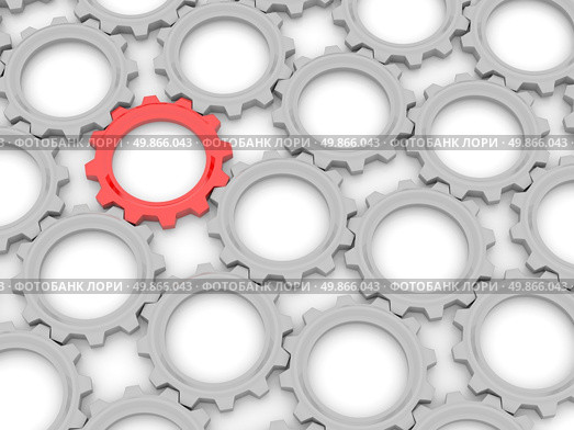 red gear among the gray on a white background. The concept of leadership in the team. 3d. Стоковое фото, агентство Ingram Publishing / Фотобанк Лори