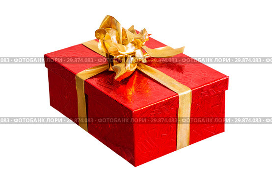 Red gift box isolated on white background. Стоковое фото, фотограф Евгения Литовченко / Фотобанк Лори