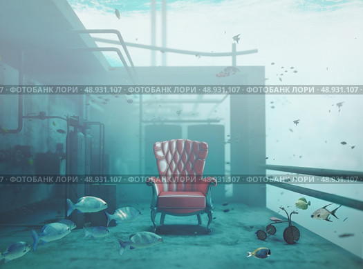red luxury armchair underwater. CG and photo compilated concept. Стоковое фото, агентство Ingram Publishing / Фотобанк Лори