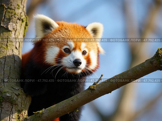 Red panda on a tree on a sunny day. Стоковое AI-изображение, AI-художник Sergey Grishin / Фотобанк Лори