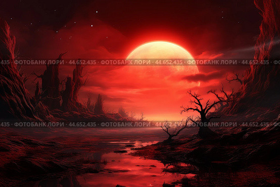 Red planet landscape with eerie terrain. Стоковое AI-изображение, AI-художник Иван Рябоконь / Фотобанк Лори
