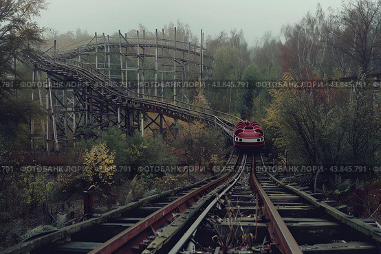 Red rollercoaster cart approaching on tracks in abandoned amusement park on foggy day. Стоковое AI-изображение, AI-художник Иван Рябоконь / Фотобанк Лори