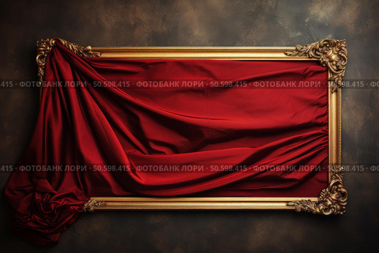 Red silk drape covering an ornate gold frame on a textured background. Стоковое AI-изображение, AI-художник Иван Рябоконь / Фотобанк Лори