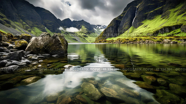reflection water and rocks ai generated. Стоковое AI-изображение, AI-художник Vectorwin / Фотобанк Лори