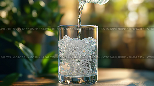 Refreshing drink being poured into a glass filled with ice cubes. Освежающий напиток наливают в стакан, наполненный кубиками льда. Стоковое AI-изображение, AI-художник Katsiaryna Repich / Фотобанк Лори