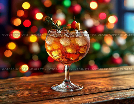 Refreshing glass of cocktail against the background of multi-colored lights of the Christmas tree. New Year and Christmas. Стоковое AI-изображение, AI-художник Сергей Елизарьев / Фотобанк Лори