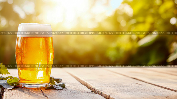 Refreshing glass of golden beer with frothy white foam on a rustic wooden table outdoors under warm sunlight with a blurred green nature background. Стоковое AI-изображение, AI-художник Данила Большаков / Фотобанк Лори
