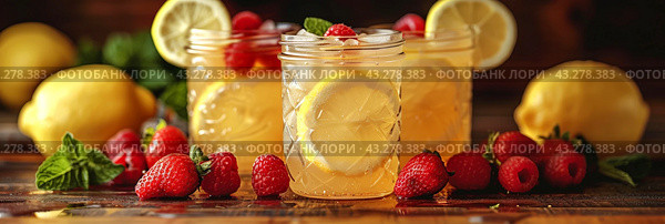 Refreshing lemonade with strawberries and raspberries in glass jars, perfect for summer drinks and picnics. Стоковое AI-изображение, AI-художник Мария Фадеева / Фотобанк Лори