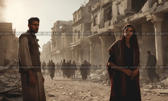 Refugees and displaced by war or a natural disaster walking through the streets of a destroyed city. Ruined demolition town. A city devastated by war and bombing. Middle east crisis. AI. Стоковое AI-изображение, AI-художник Sergey Grishin / Фотобанк Лори