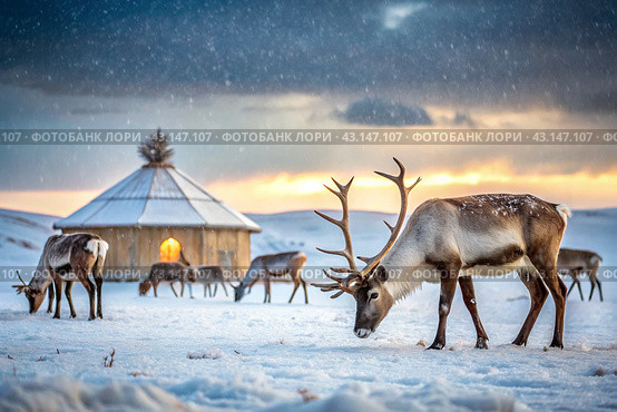 Reindeer graze against the background of a tundra landscape and a winter yurt. Snow is falling. Snowstorm. Стоковое AI-изображение, AI-художник Photojuli / Фотобанк Лори