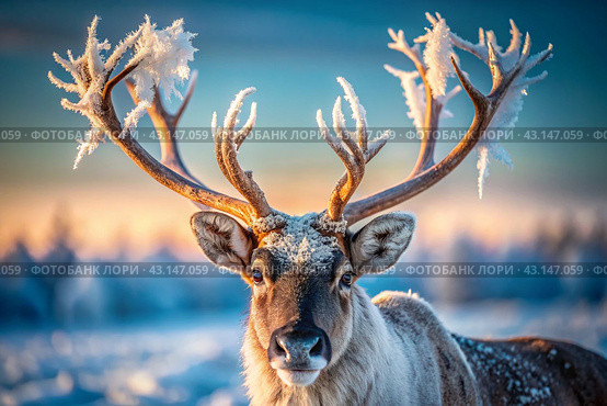 Reindeer graze against the background of a winter tundra landscape. Snow is falling. Snowstorm. Стоковое AI-изображение, AI-художник Photojuli / Фотобанк Лори