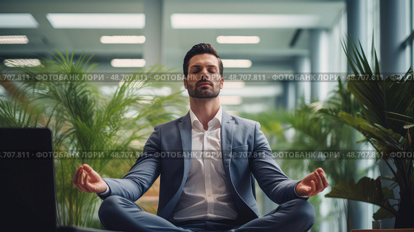 relaxation meditation in office ai generated. Стоковое AI-изображение, AI-художник Vectorwin / Фотобанк Лори