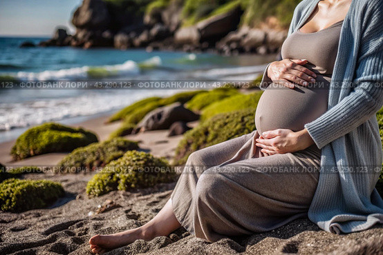 Relaxation, peace of mind, sea air. Close-up of the tummy. A pregnant woman on the beach by the sea. The concept of pregnancy, childbirth and parental responsibilities. Стоковое AI-изображение, AI-художник Photojuli / Фотобанк Лори
