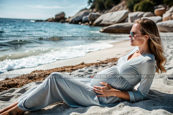 Relaxation, peace of mind, sea air. Close-up of the tummy. A pregnant woman on the beach by the sea. The concept of pregnancy, childbirth and parental responsibilities. Стоковое AI-изображение, AI-художник Photojuli / Фотобанк Лори