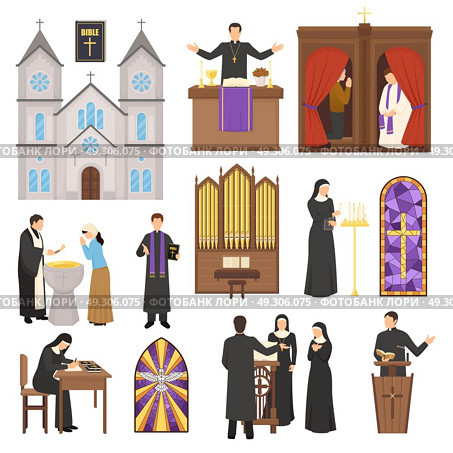 Religion Cathedral Interior Set. Religion flat set with cathedral interior elements priest and nun isolated on white background vector illustration. Стоковая иллюстрация, агентство Ingram Publishing / Фотобанк Лори