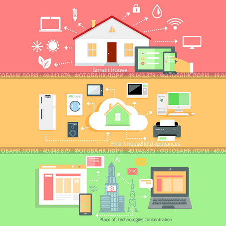 Remote wireless control of home appliances. Place technology concentration, household appliance, smart house, communication house system, automation interconnection, living service illustration. Стоковая иллюстрация, агентство Ingram Publishing / Фотобанк Лори