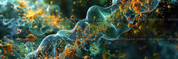 Render of neuron structures interacting with signaling molecules, depicting neural communication. Стоковое AI-изображение, AI-художник Данила Большаков / Фотобанк Лори