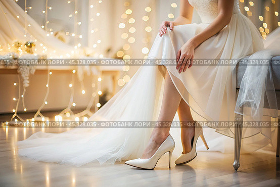 Rental and purchase of wedding dresses and shoes for events. Close-up. Elegant wedding shoes for the bride in a luxurious bridal salon store. Стоковое AI-изображение, AI-художник Photojuli / Фотобанк Лори