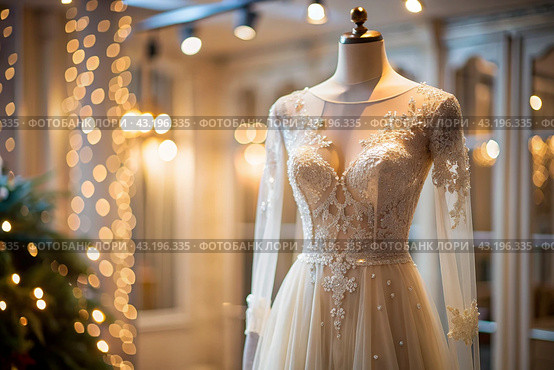 Rental and purchase of wedding dresses for events. Close-up. Elegant white wedding dress on a mannequin in a luxury bridal salon store. Стоковое AI-изображение, AI-художник Photojuli / Фотобанк Лори