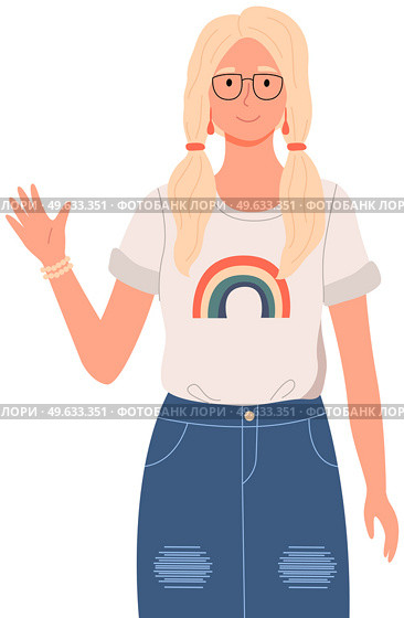 Representative of country in modern clothes. Smiling female character is showing greeting gesture. Cultural features of world countries. Portrair of woman waving her hand vector illustration. Representative of country in modern clothes. Smiling female character is showing greeting gesture. Стоковая иллюстрация, агентство Ingram Publishing / Фотобанк Лори