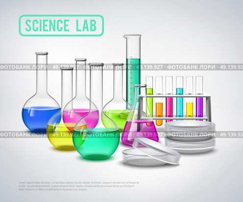 Research Equipment Liquids Composition. Laboratory bottles composition with color liquids in jars realistic glass tubes flat vector illustration. Стоковая иллюстрация, агентство Ingram Publishing / Фотобанк Лори