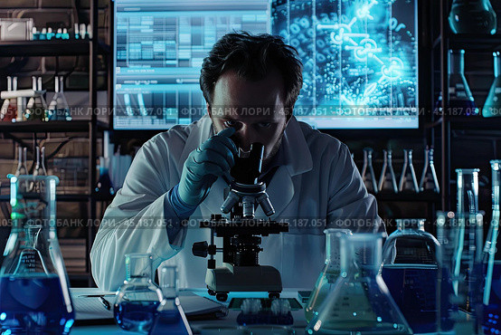 Research, experiments and medical tests are carried out by scientists in the laboratory using a microscope. Стоковое AI-изображение, AI-художник Ярославский Максим / Фотобанк Лори